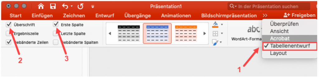Screenshot von MS PowerPoint, der das Setzen von Zeilen- oder Spaltenüberschriften in Tabellen zeigt.