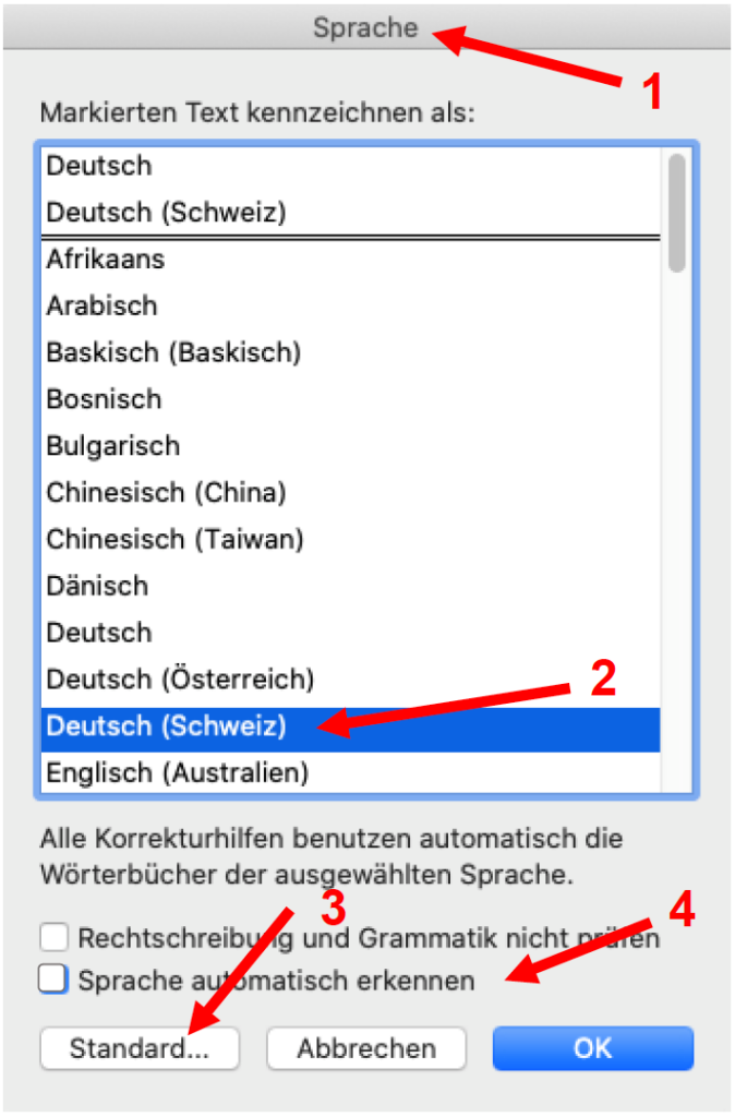 Screenshot von MS Word mit der Auswahl der Sprachen.