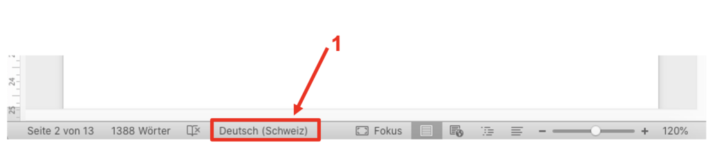 Screenshot der Statusleiste von MS Word. Dort wird als aktuelle Sprache "Deutsch (Schweiz)" angezeigt.