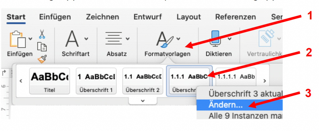 Screenshot von MS Word, der den Bereich zum Anpassen von Formatvorlagen zeigt.