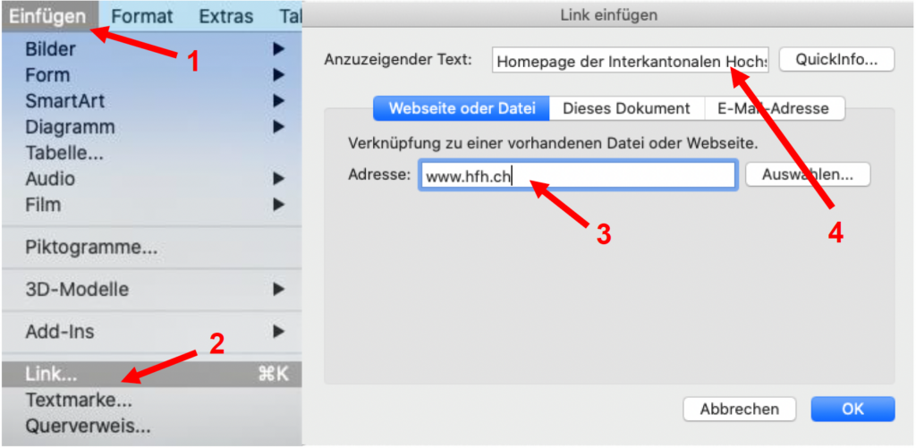 Screenshot vom MS Word, der das Fenster "Link einfügen" für das Formatieren des Links zeigt.
