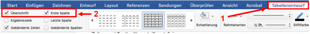 Screenshot von MS Word, der das Setzen von Zeilen- oder Spaltenüberschriften in einer Tabelle zeigt.