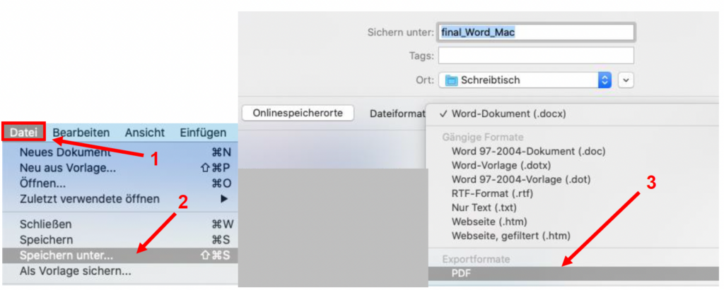 Screenshot von MS Word, der das Speichern als PDF zeigt.