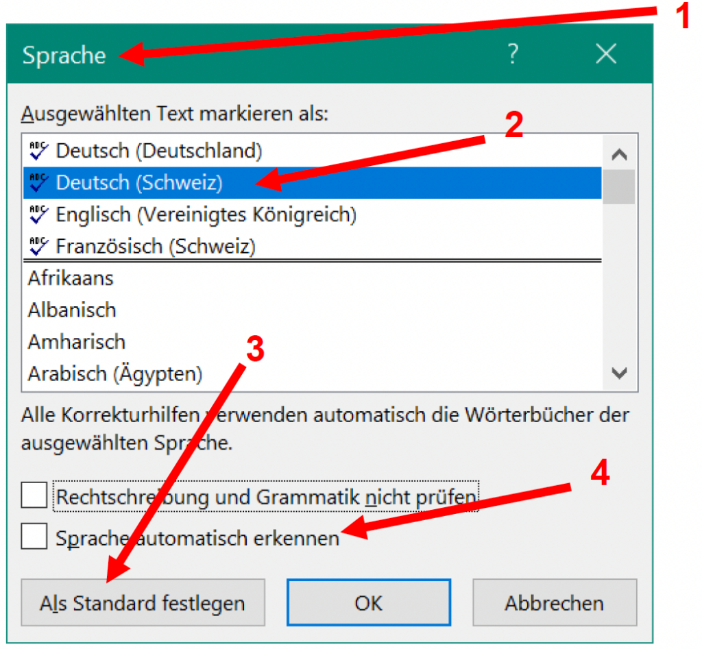 Screenshot von MS Word, der das Fenster "Sprache" zeigt. In einer Liste können verschiedene Sprachen ausgewählt werden, darunter "Deutsch (Schweiz)". Unter der Liste mit den Sprachen befindet sich u. a. eine Schaltfläche "Als Standard festlegen", die hervorgehoben wird.