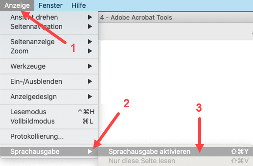 Screenshot von Adobe Acrobat Pro. Im Reiter Anzeige sind die Menüeinträge Sprachausgabe und Sprachausgabe aktivieren hervorgehoben.