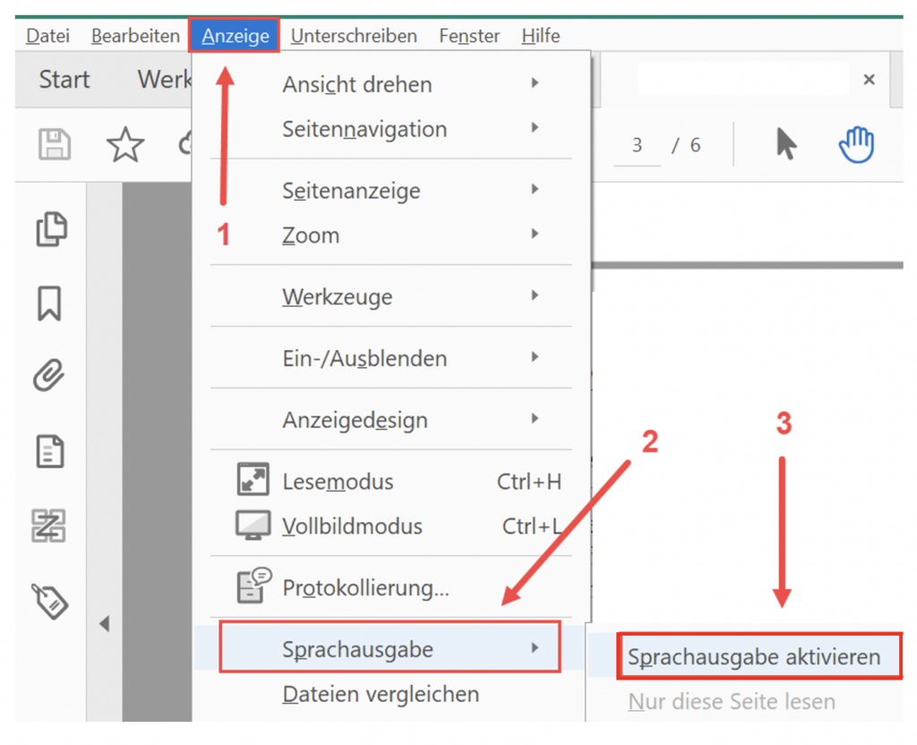 Screenshot von Adobe Acrobat Pro. Im Reiter Anzeige sind die Menüeinträge Sprachausgabe und Sprachausgabe aktivieren hervorgehoben.