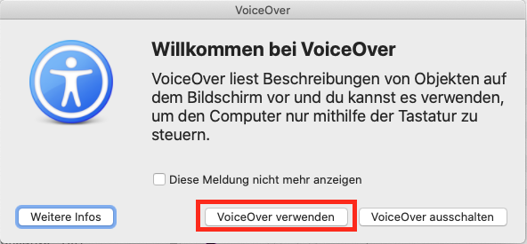 Im Screenshot wird der Knopf "VoiceOver verwenden" hervorgehoben.
