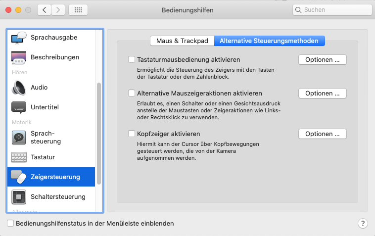 Im Screenshot ist die Zeigersteuerung angewählt und darin der Reiter "Alternative Steuerungsmethoden"