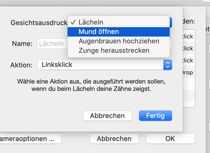 Screenshot von macOS Auswahl bei der Option Gesichtsausdruck. Das Feld Name gibt die Auswahl Lächeln, Mund öffnen, Augenbrauen hochziehen und Zunge herausstrecken.