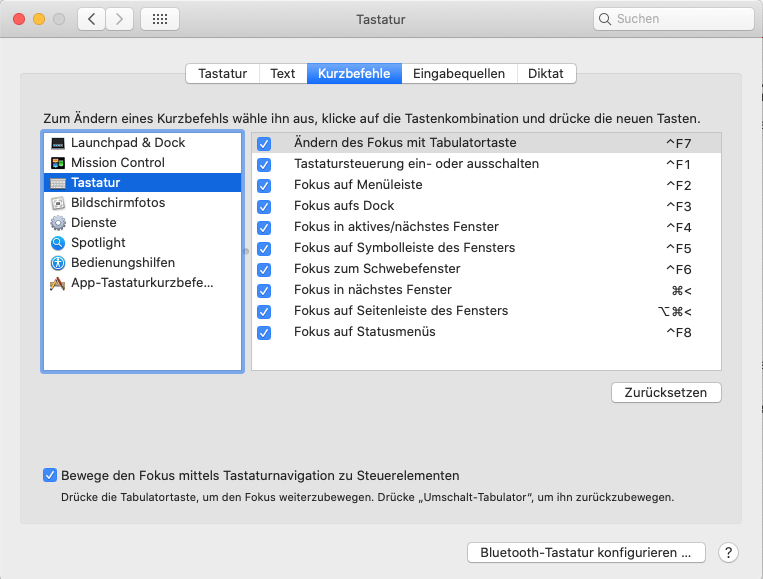 Screenshot von macOS vom Optionenfenster "Tastatur". Im Menü Tastatur sind alle Kurzbefehle aktiviert. Es gibt den Hinweis, dass die Kurzbefehle individuell angepasst werden können.