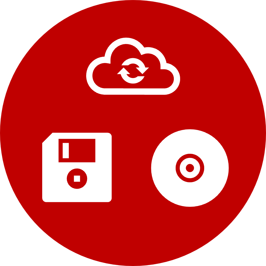 Symbolbild Datenspeicherung: Eine Cloud, eine Floppy Disk und eine CD in einem roten Kreis.