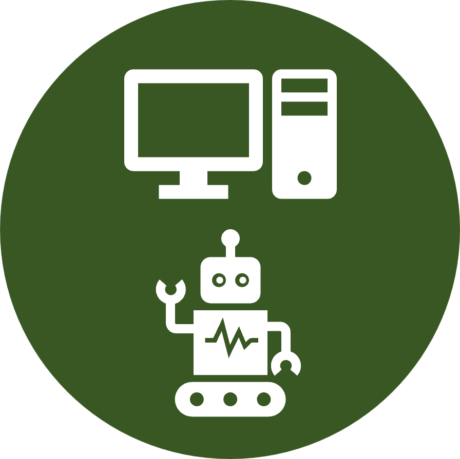 Symbolbild Koordination: Ein Roboter und ein Computer.