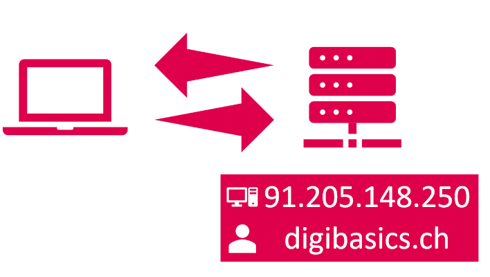 Ein Computer der mit einem Server kommuniziert. Unterhalb des Servers ist die IP-Adresse (wird von Geräten genutzt) und die Domain digibasics.ch (wird von Menschen genutzt) angegeben.