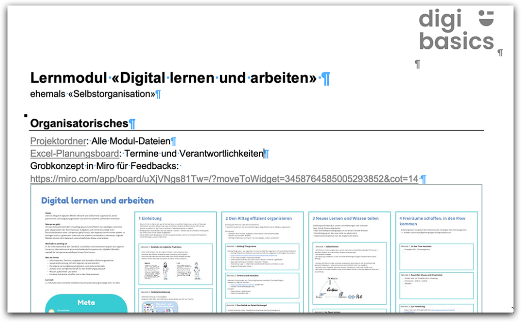 Screenshot der Masterdatei für dieses Modul: Worddatei mit Links und Screenshots