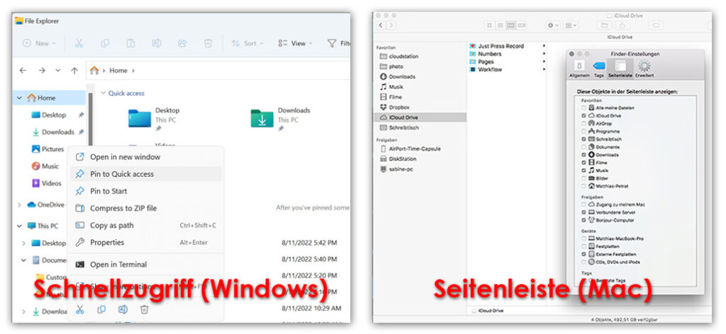 Screenshot Schnellzugriff (Windows) und Seitenleiste (Mac)