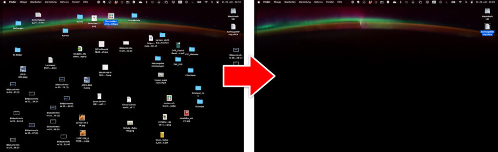 Screenshot eines überfüllten und aufgeräumten Desktops