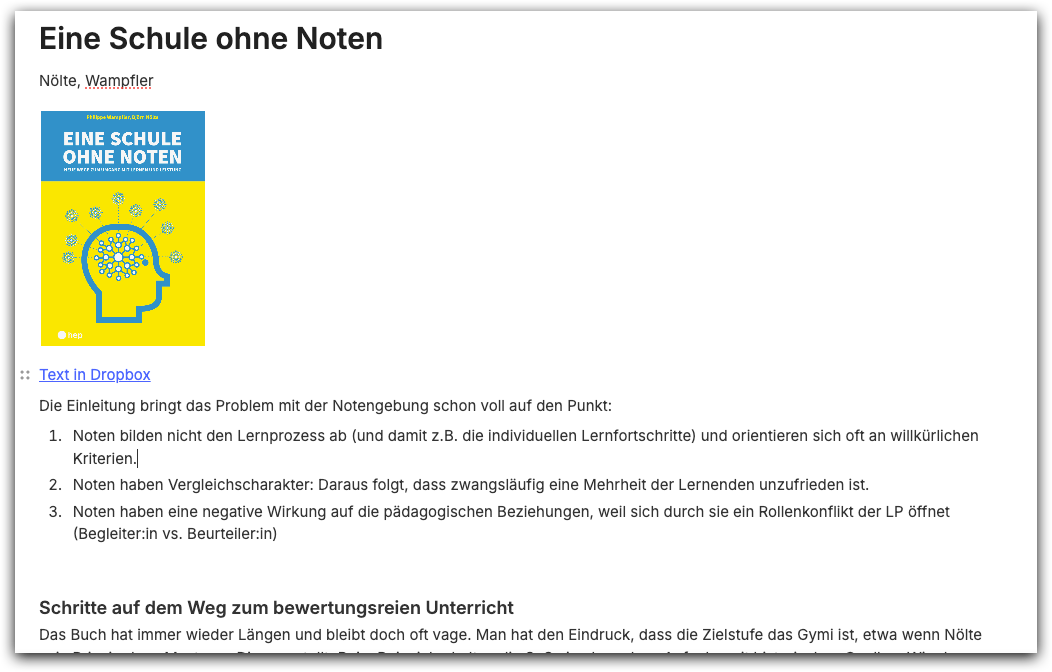 Screenshot einer Literaturnotiz im ePortfolio. Der Text ist verlinkt.