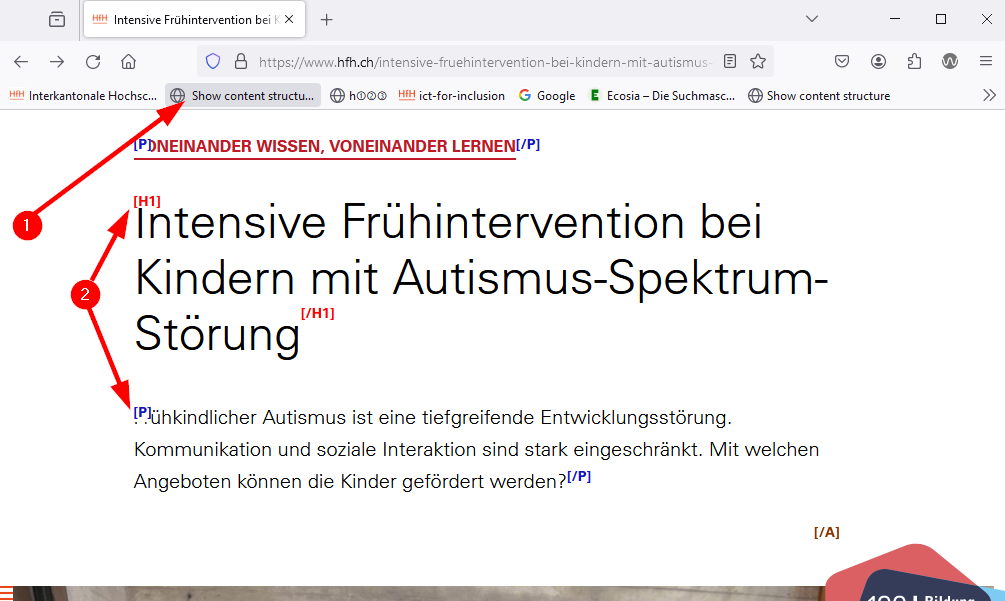 Aktiviertes Lesezeichen Show Content Structure zeigt semantische Elemente wie H1 und P