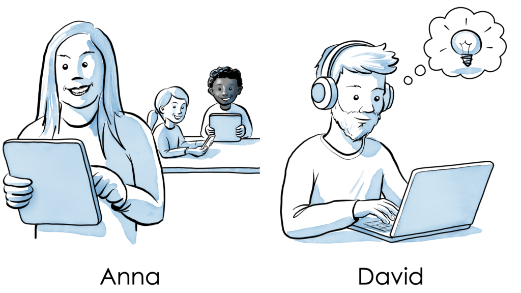Protagonist:innen des Kapitels: Lehrerin Anna mit einem Tablet in der Hand und Kinder im Hintergrund die einen Lernfilm betrachten. Rechts sieht man David. Er hat einen Kopfhörer aufgesetzt und schaut auf den Bildschirm. Über dem Kopf hat er eine Denkblase mit Glühbirne