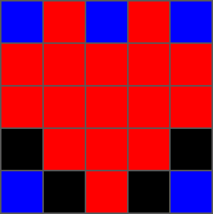 Ein Raster mit 5 mal 5 Pixeln. Es gibt blaue, rote und schwarze Pixel. in der Mitte ist ein rotes Herz umgeben von blauen und schwarzen Pixeln.