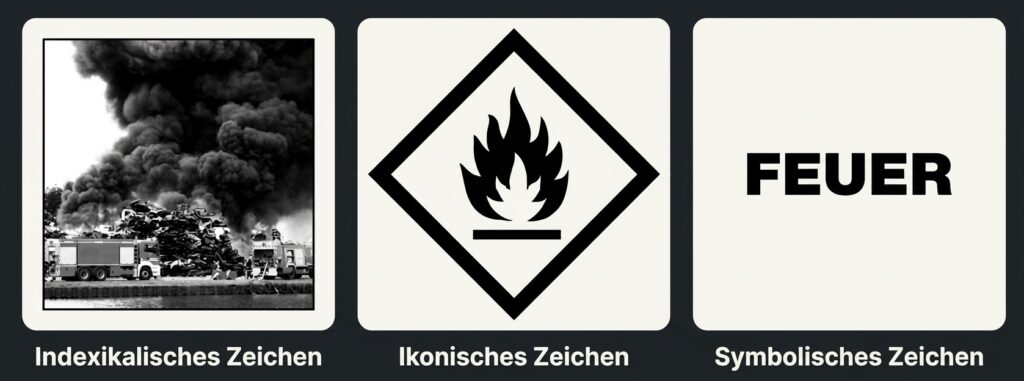 Ein Schaubild mit dunklem Hintergrund und weißer Beschriftung zeigt drei weiße, quadratische Felder. Im linken Feld ist ein Foto von zwei Feuerwehrautos vor einer riesigen schwarzen Rauchwolke über einem Müllberg zu sehen. Darunter steht der Schriftzug „Indexikalisches Zeichen“. Das mittlere Feld zeigt ein rot umrandetes, auf der Spitze stehendes Quadrat, in dessen Mitte eine schwarze Flamme auf weißem Grund abgebildet ist, mit der Unterschrift „Ikonisches Zeichen“. Das rechte Feld enthält nur das in fetten, schwarzen Großbuchstaben geschriebene Wort „FEUER“ und ist darunter mit „Symbolisches Zeichen“ beschriftet.