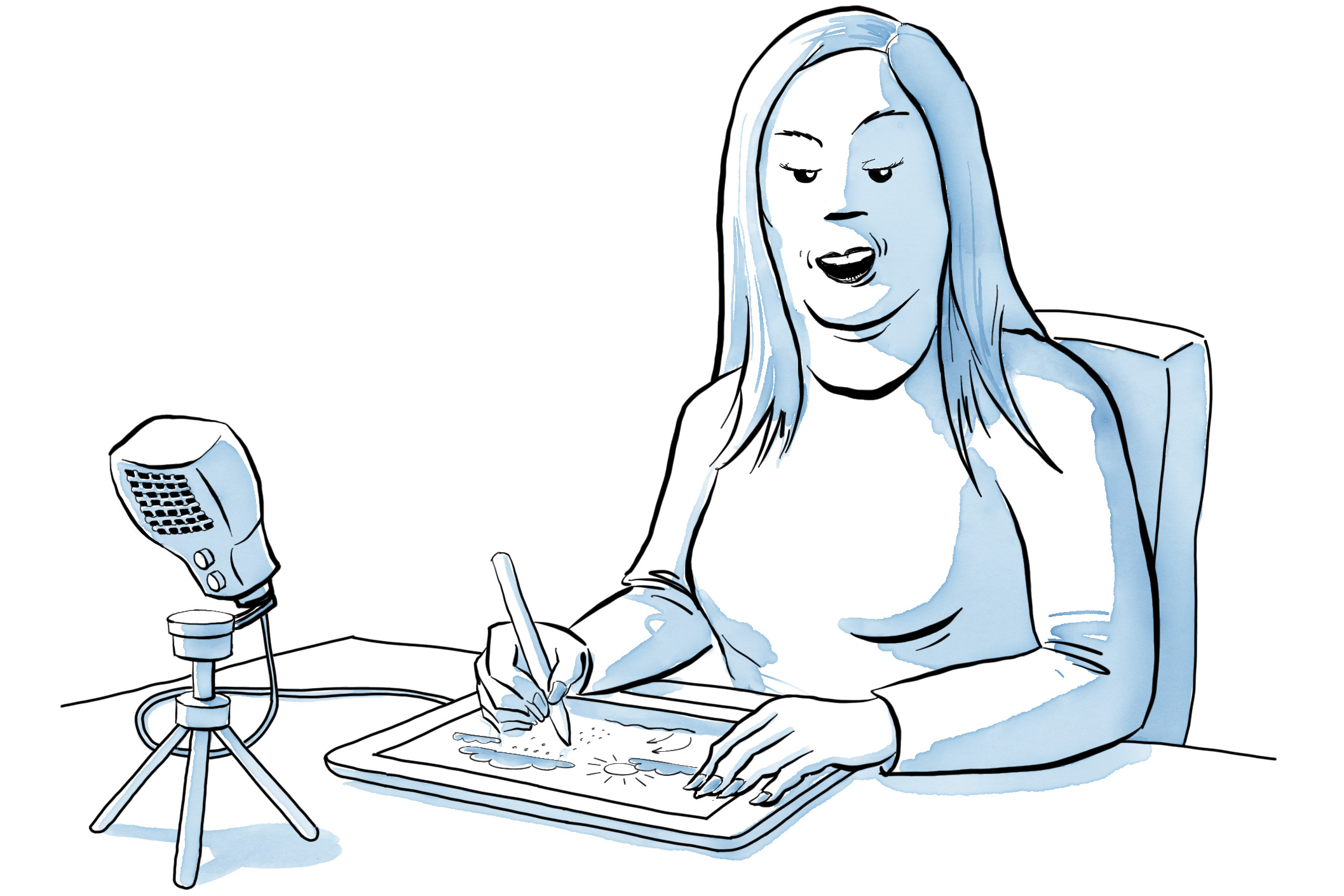 Lehrerin Anna sitzt zeichnet mit einem Tablet und einem Tischmikrofon einen Erklärfilm auf