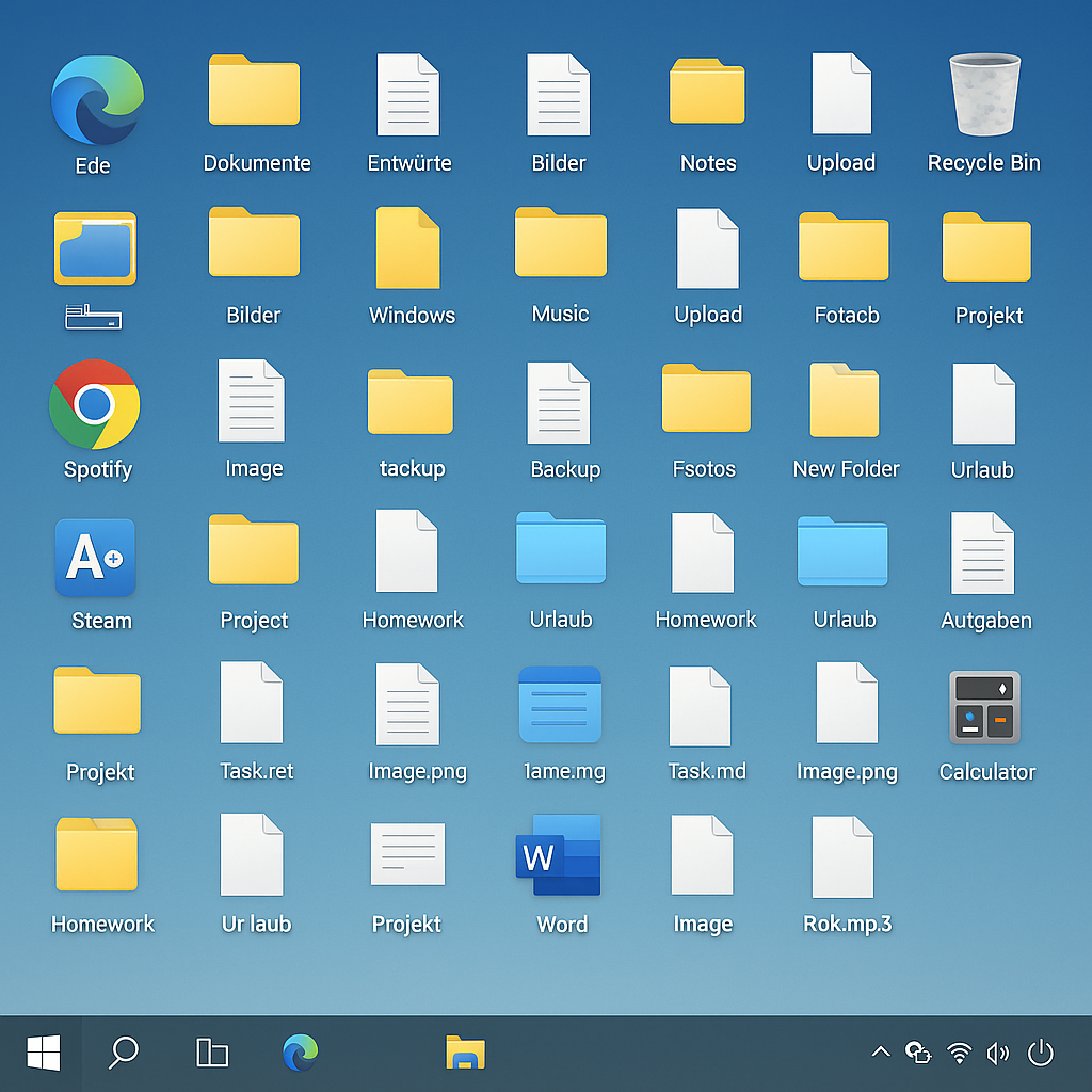 Zwei Screenshots von Desktops: Links ist der Desktop voll von über vierzig verschiedenen Dateien, Programmen und Ordnern. Rechts befinden sich lediglich acht Elemente auf dem Desktop.