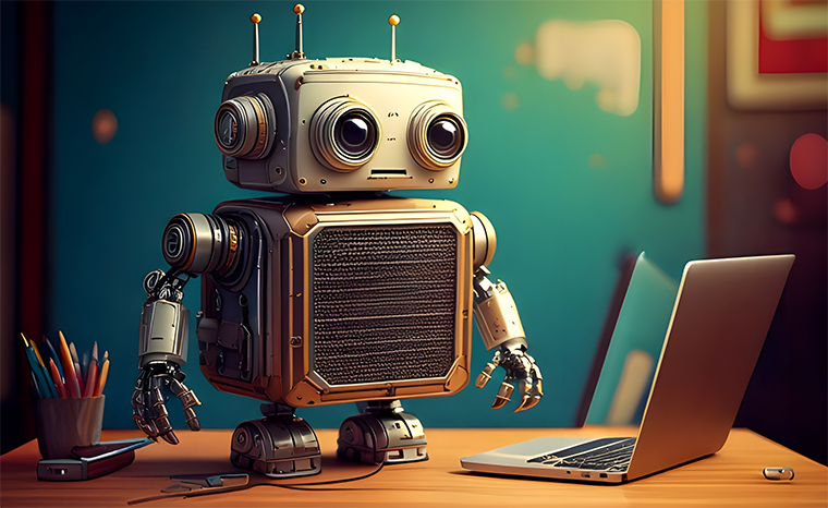 Bild generiert mit Adobe Firefly. Mit dem Prompt «A fusion of a cute robot and an amplifier, standing on a school desk»