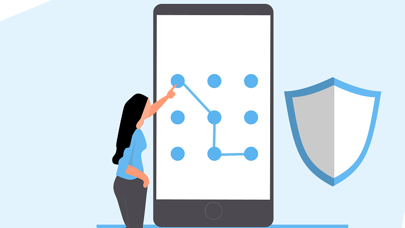 Im Mittelpunkt des Bilds ist ein grosser Touchscreen mit neun Punkten abgebildet. Man sieht, wie eine Frau auf diesem Touchscreen ein Muster zur Authentifizierung malt.