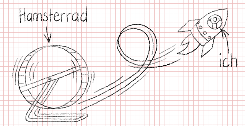 Illustration im Stil einer Mobiliar-Werbung: Ein rotierendes Hamsterrad und eine Rakete wegfliegt.